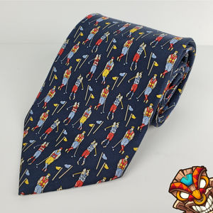 The Glove Shop Vio Veneto Roma 100% Silk Necktie Navy with Golfers Golfing EUC